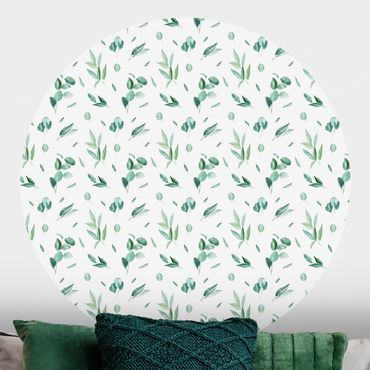 Self-adhesive round wallpaper - Watercolor Pattern Leaves And Eucalyptus