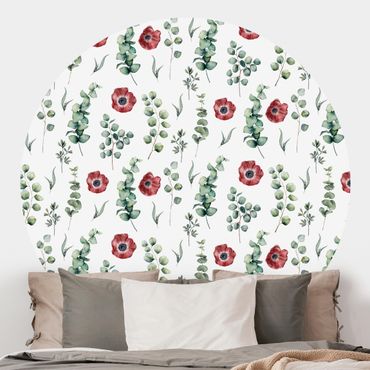 Self-adhesive round wallpaper - Watercolor Pattern Eucalyptus And Flowers