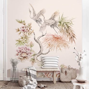 Wallpaper - Watercolour Storks In Flight With Flowers