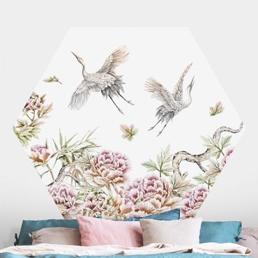 Self-adhesive hexagonal pattern wallpaper - Watercolour Storks In Flight With Roses