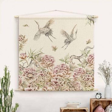Tapestry - Watercolour Storks In Flight With Roses