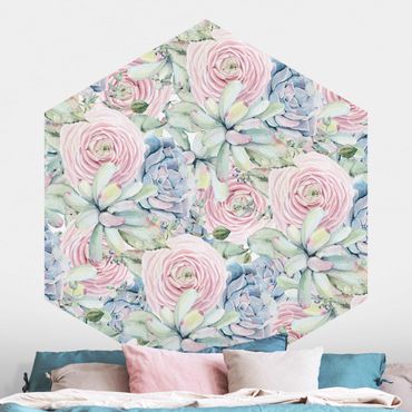Self-adhesive hexagonal pattern wallpaper - Watercolour Succulents And Ranunculus Pattern