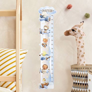 Wall sticker height chart for kids - Watercolour animal pilot with custom name