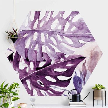 Self-adhesive hexagonal pattern wallpaper - Watercolour Tropical Leaves With Monstera In Aubergine