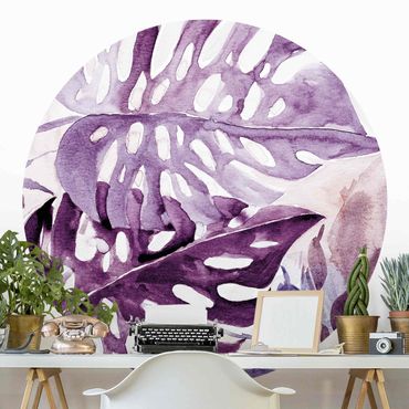 Self-adhesive round wallpaper - Watercolour Tropical Leaves With Monstera In Aubergine