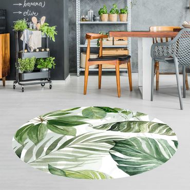 Vinyl Floor Mat round - Watercolour Tropical Leaves And Tendrils