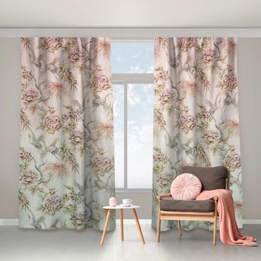 Curtain - Watercolour Birds With Large Flowers In Ombre
