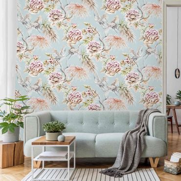 Wallpaper - Watercolour Birds With Large Flowers In Front Of Blue