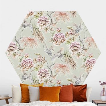 Self-adhesive hexagonal pattern wallpaper - Watercolour Birds With Large Flowers In Front Of Mint