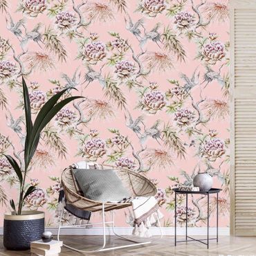 Wallpaper - Watercolour Birds With Large Flowers In Front Of Pink