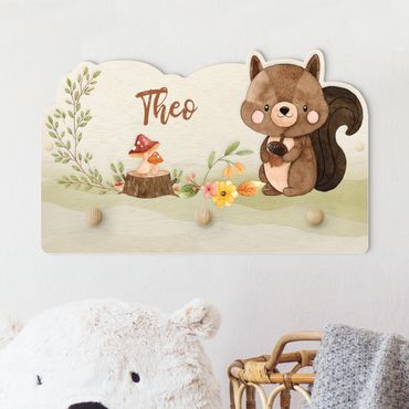 Coat rack for children - Watercolour Forest Animal Squirrel With Customised Name