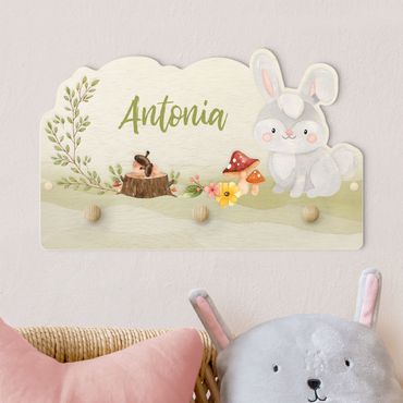 Coat rack for children - Watercolour Forest Animal Bunny With Customised Name
