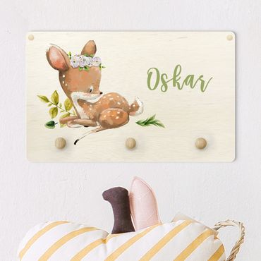 Coat rack for children - Watercolour Forest Animal Fawn With Customised Name