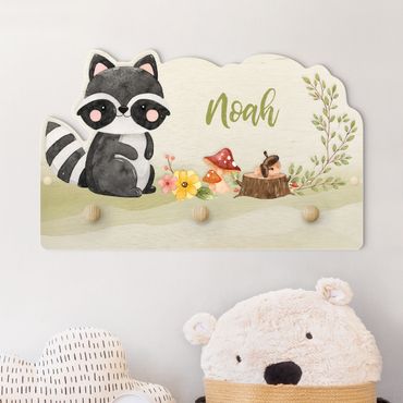 Coat rack for children - Watercolour Forest Animal Raccoon With Customised Name
