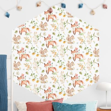 Self-adhesive hexagonal pattern wallpaper - Watercolour Forest Animals Fox And Rabbit