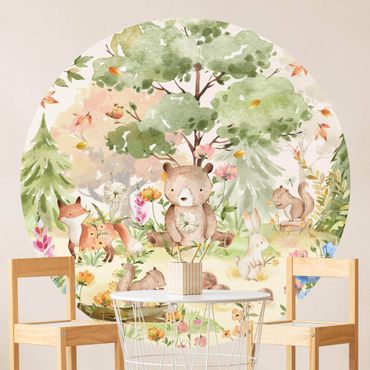 Self-adhesive round wallpaper - Watercolour Forest Animals