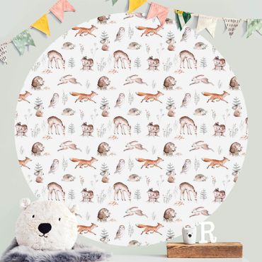 Self-adhesive round wallpaper - Watercolour Forest Animal Friends Patterns