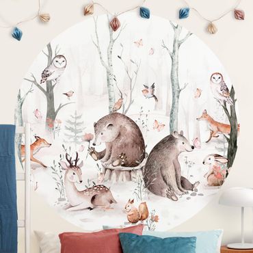 Self-adhesive round wallpaper - Watercolour Forest Animal Friends