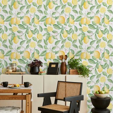 Wallpaper - Watercolour Lemon and Blossom Pattern