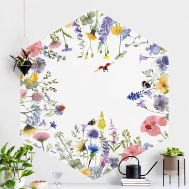 Self-adhesive hexagonal pattern wallpaper - Watercolour Flowers With Ladybirds