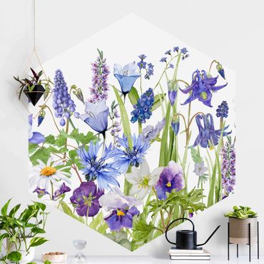 Self-adhesive hexagonal pattern wallpaper - Watercolour Flower Meadow In Blue