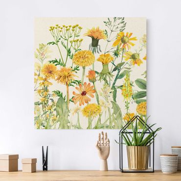 Natural canvas print - Watercolour Flower Meadow In Gelb - Square 1:1