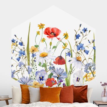 Self-adhesive hexagonal pattern wallpaper - Watercolour Flower Meadow With Poppies