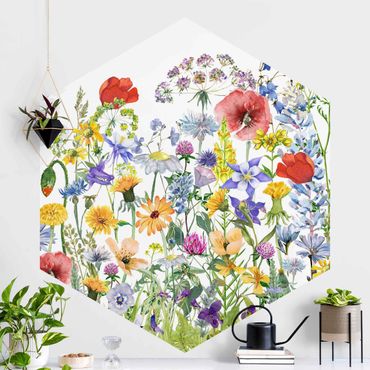 Self-adhesive hexagonal pattern wallpaper - Watercolour Flower Meadow