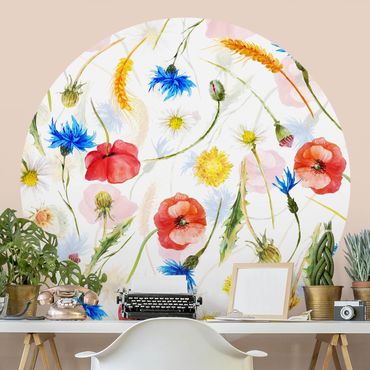 Self-adhesive round wallpaper - Watercolour Wild Flowers With Poppies