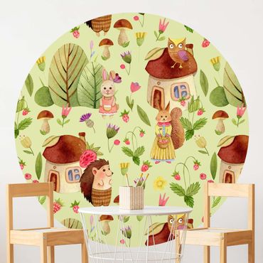 Self-adhesive round wallpaper - Watercolour Hedgehog With Owl Illustration On Green