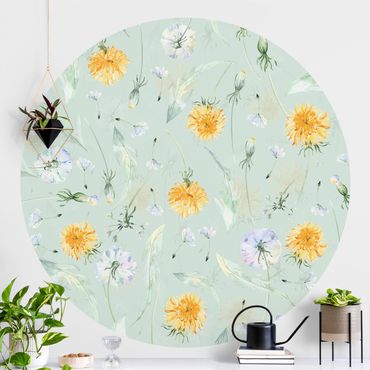 Self-adhesive round wallpaper - Watercolour Dandelion