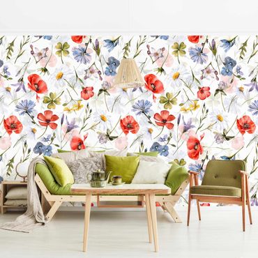 Wallpaper - Watercolour Poppy With Cloverleaf