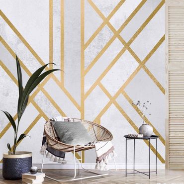 Wallpaper - Art Deco Geometry White Gold