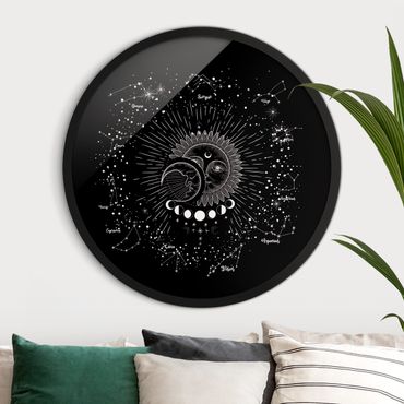 Circular framed print - Astrology Sun Moon And Stars Black