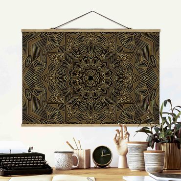 Fabric print with poster hangers - Mandala Star Pattern Gold Black
