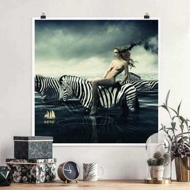 Poster - Woman Posing With Zebras