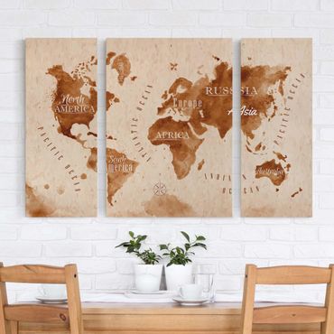 Print on canvas 3 parts - World Map Watercolour Beige Brown