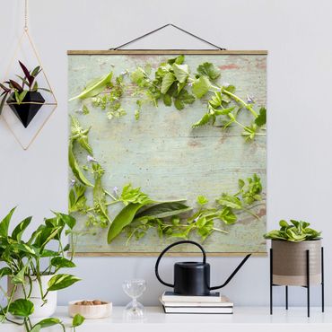 Fabric print with poster hangers - Wild Herbs On Wood