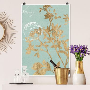 Poster flowers - Golden Leaves On Turquoise II