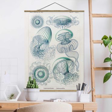 Fabric print with poster hangers - Vintage Board Jellyfish In Blue