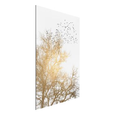 Alu-Dibond print - Flock Of Birds In Front Of Golden Tree