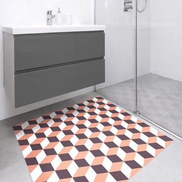 Vinyl Floor Mat - Geometrical Tile Mix Cubes Orange - Square Format 1:1