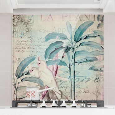 Glass Splashback - Colonial Style Collage - Cockatoos And Palm Trees - Square 1:1