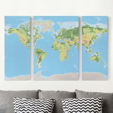 Print on canvas 3 parts - Physical World Map