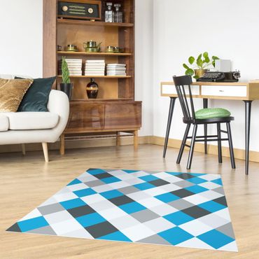 Vinyl Floor Mat - Geometrical Pattern Rotated Chessboard Blue - Square Format 1:1
