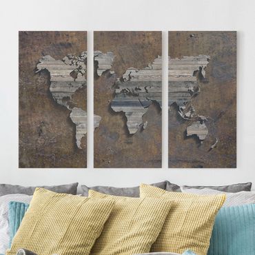 Print on canvas 3 parts - Wooden Grid World Map