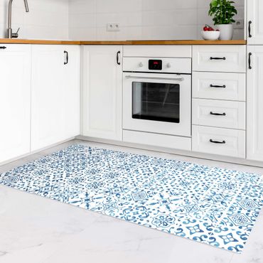 Vinyl Floor Mat - Tile Pattern Blue White - Landscape Format 2:1