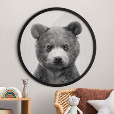 Circular framed print - Baby Bear Bruno Black And White