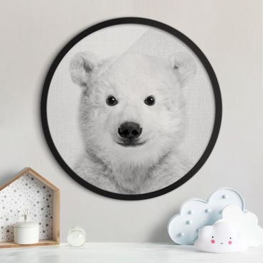 Circular framed print - Baby Polar Bear Emil Black And White