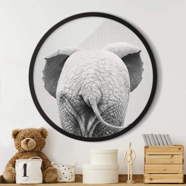 Circular framed print - Baby Elephant From Behind Black And White